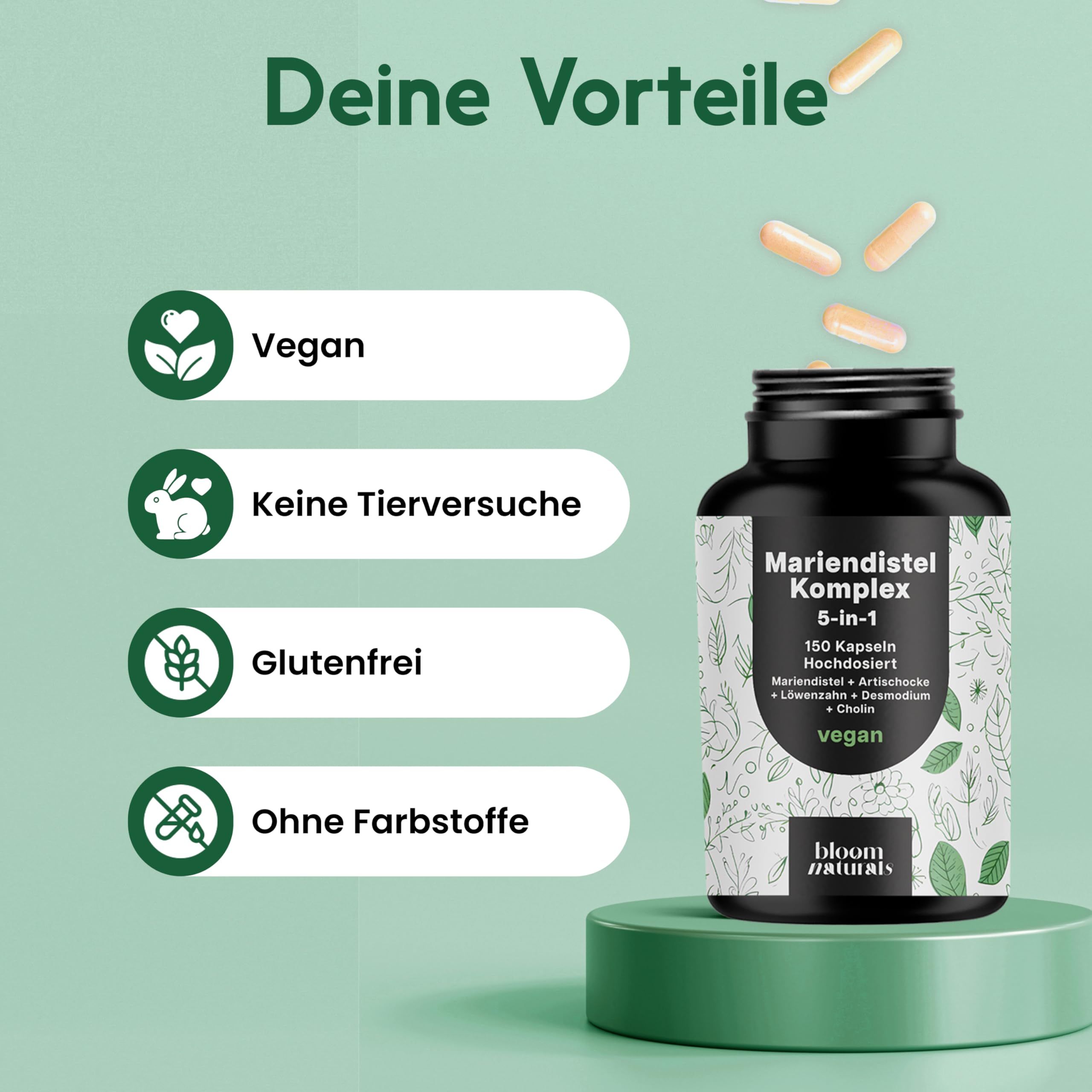 Flasche mit Kapseln. Text: Vegan, Keine Tierversuche, Glutenfrei, Ohne Farbstoffe. Aufschrift: Mariendistel Komplex 5-in-1, vegan.