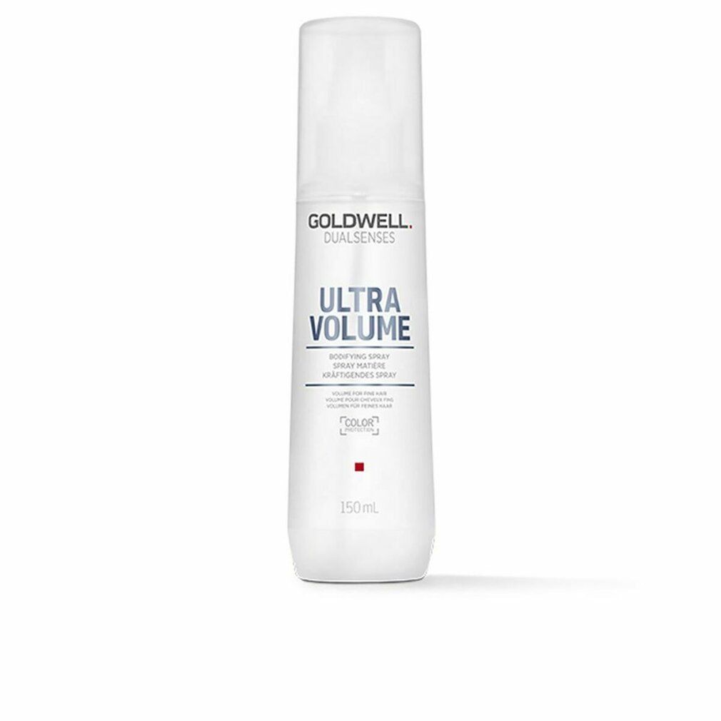 Weißes Spray mit Sprühkopf. Text: Goldwell Dualsenses, Ultra Volume, Bodifying Spray.