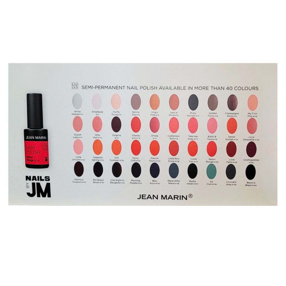 Nagellackflasche neben Farbkarte mit über 40 Farben. Marke: Jean Marin. Text: "Semi-Permanent Nail Polish".