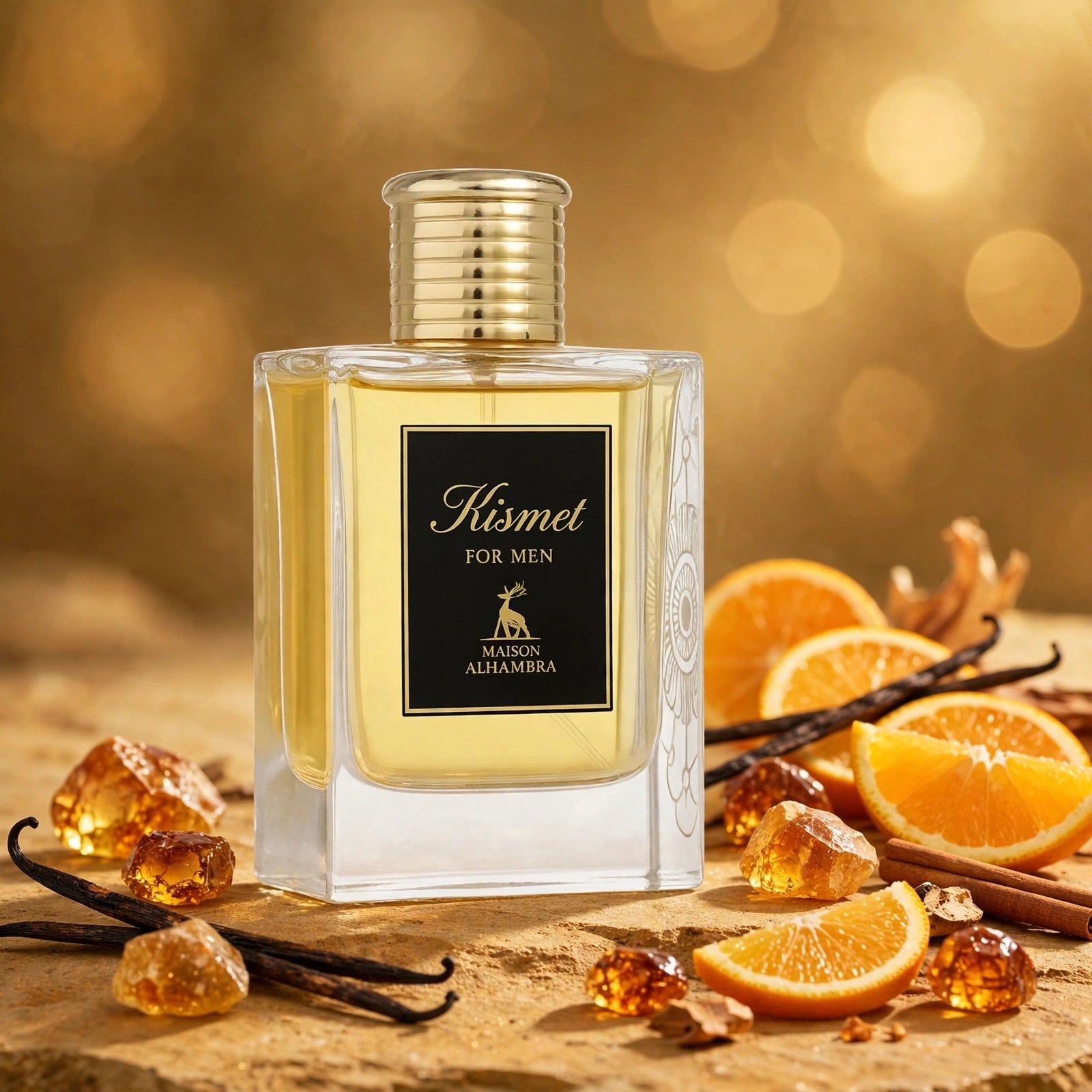Kismet for Men Eau de Parfum Flakon umgeben von Orangen, Vanille und Bernsteinstücken.