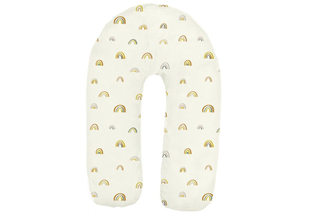 U-förmiges Stillkissen, beige mit bunten Regenbogen-Mustern. Stoffbezug.