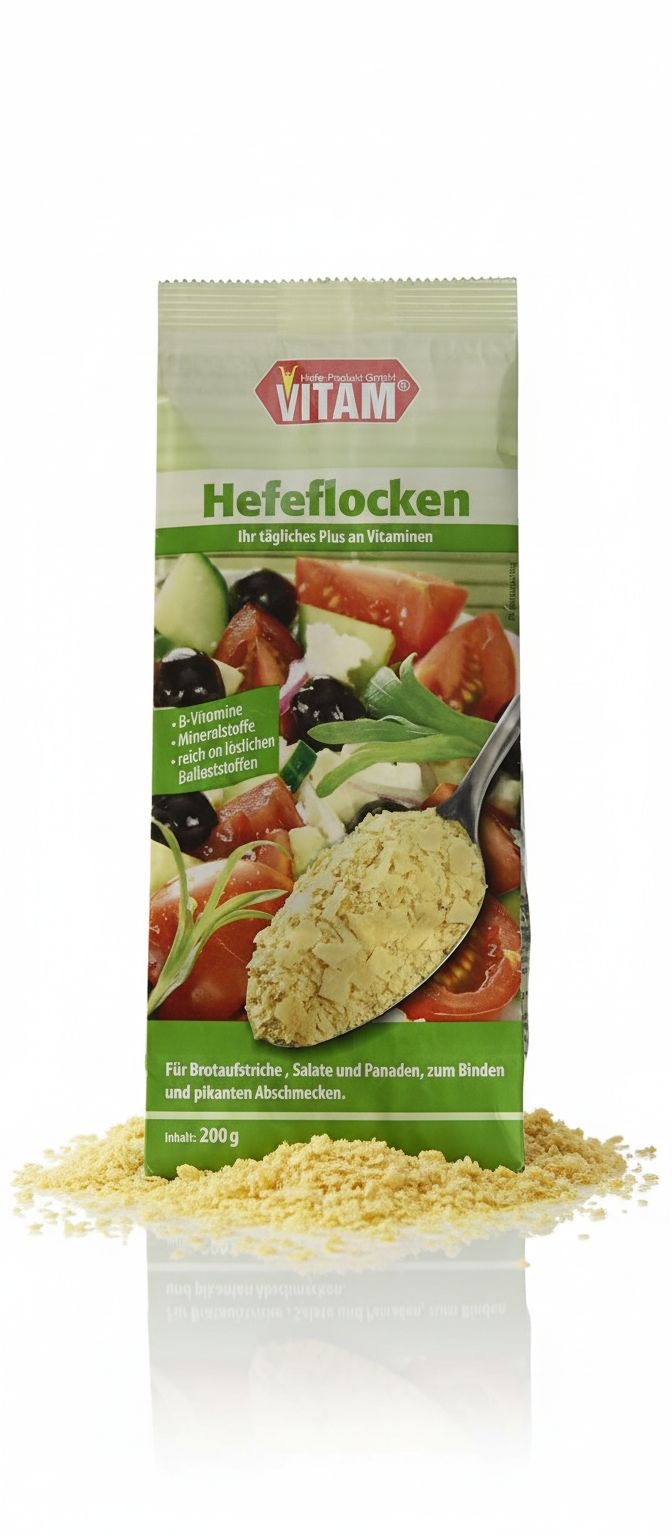 Vitam Hefeflocken: Beutel mit Flocken und Löffel. Enthält B-Vitamine, Mineralstoffe und Ballaststoffe. Inhalt: 200g.