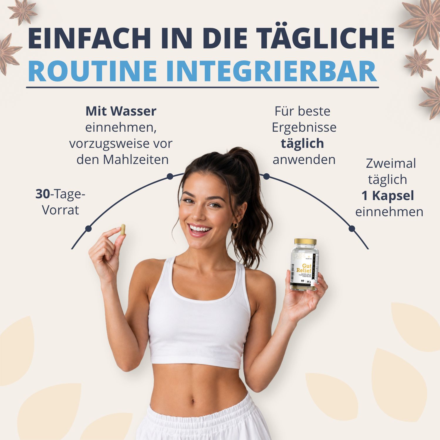Flasche Golden Tree Gut Relief Kapseln, 60 Stück, 29g. Mit Sternanis und Blättern.