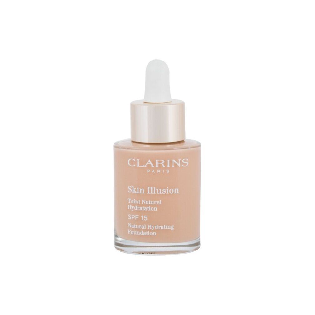Glasflasche mit Hautton-Make-up. Aufschrift: Clarins Skin Illusion, Teint Naturel Hydratation, SPF 15.