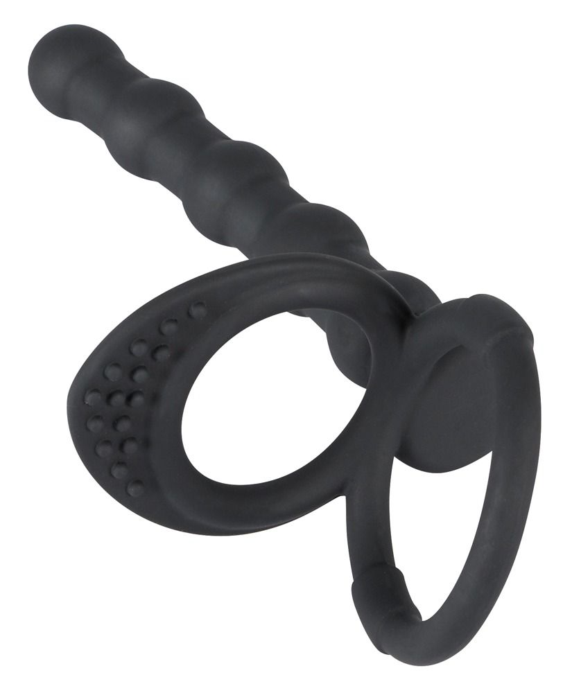 Schwarzer Penis-/Hodenring mit Analdildo. Ring mit Noppen, Dildo mit geriffelter Oberfläche. Aus Silikon.