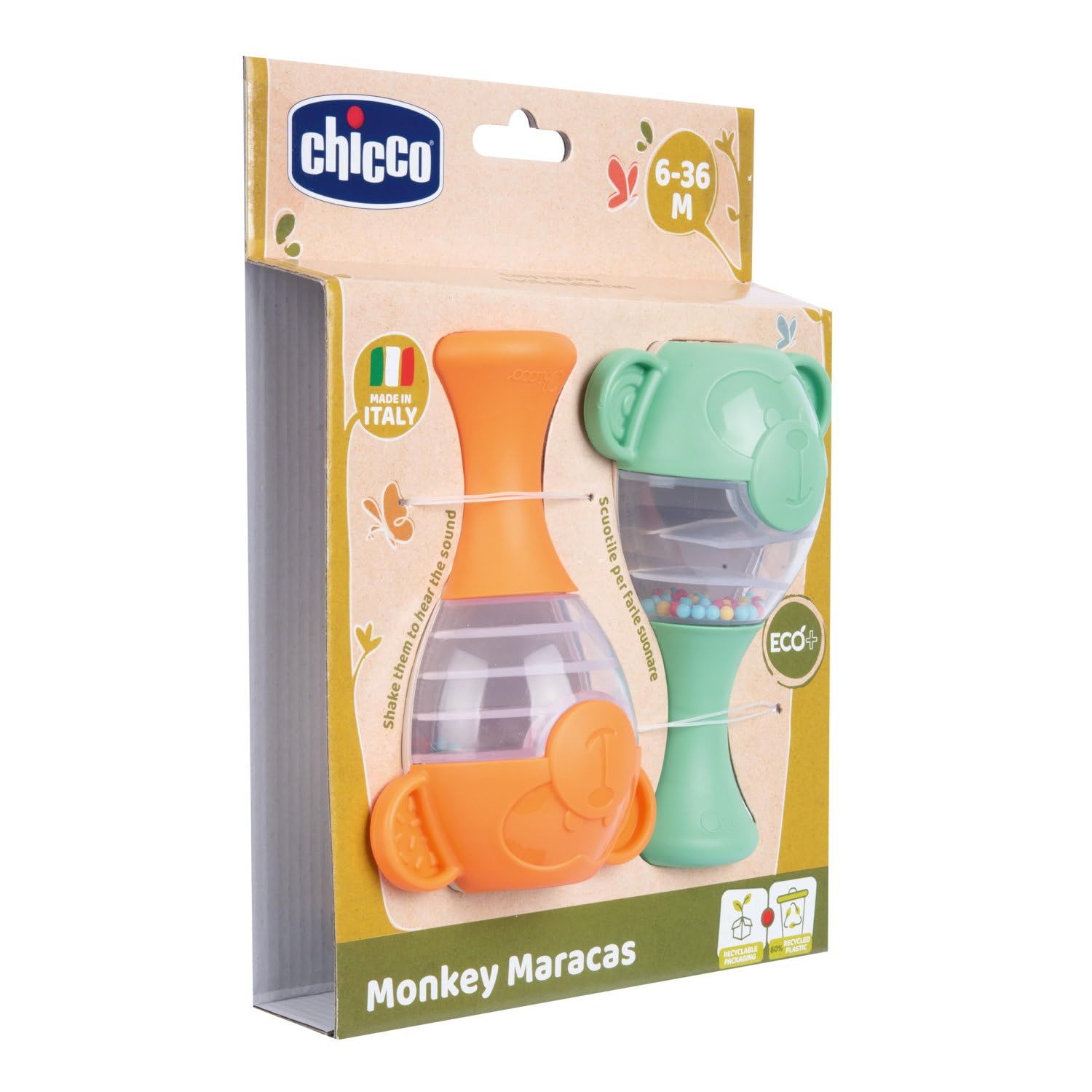 Verpackung der Chicco Affen-Maracas. Enthält eine grüne und eine orange Rassel. Made in Italy.