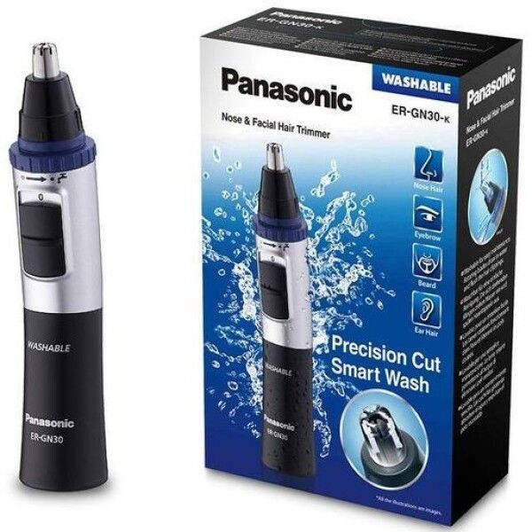 Bart- und Haarschneider neben Verpackung. Schwarz, Silber und Blau. 'Washable' und 'Panasonic ER-GN30-K'.