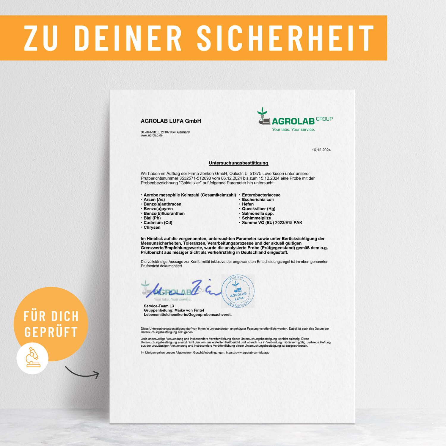 Zertifikat von AGROLAB LUFA GmbH. Unterschrift und Stempel. Text: Untersuchungsergebnis. Für Dich geprüft.