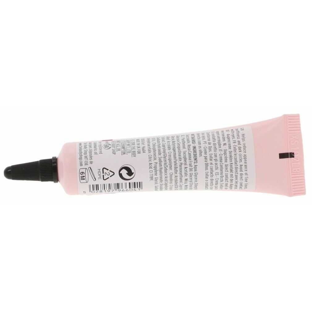 Rückseite einer rosa Tube mit schwarzem Verschluss. Text und Symbole auf weißem Hintergrund.