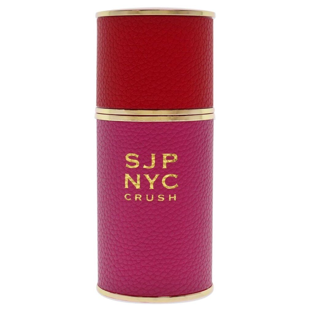 SJP NYC Crush Flakon. Pink und Rot, goldene Akzente. Zylindrische Form. Deckel und Boden rot, Körper pink.