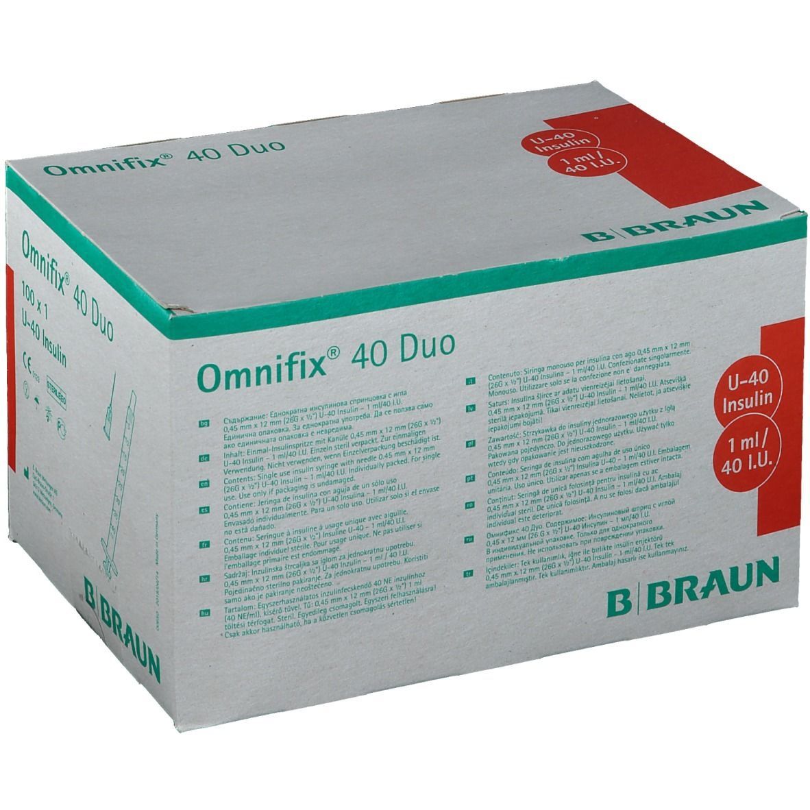 Omnifix 40 Duo-Verpackung. Weiß-grauer Karton mit roter Markierung. Text: U-40 Insulin, 1 ml/40 I.U. B. Braun-Logo.