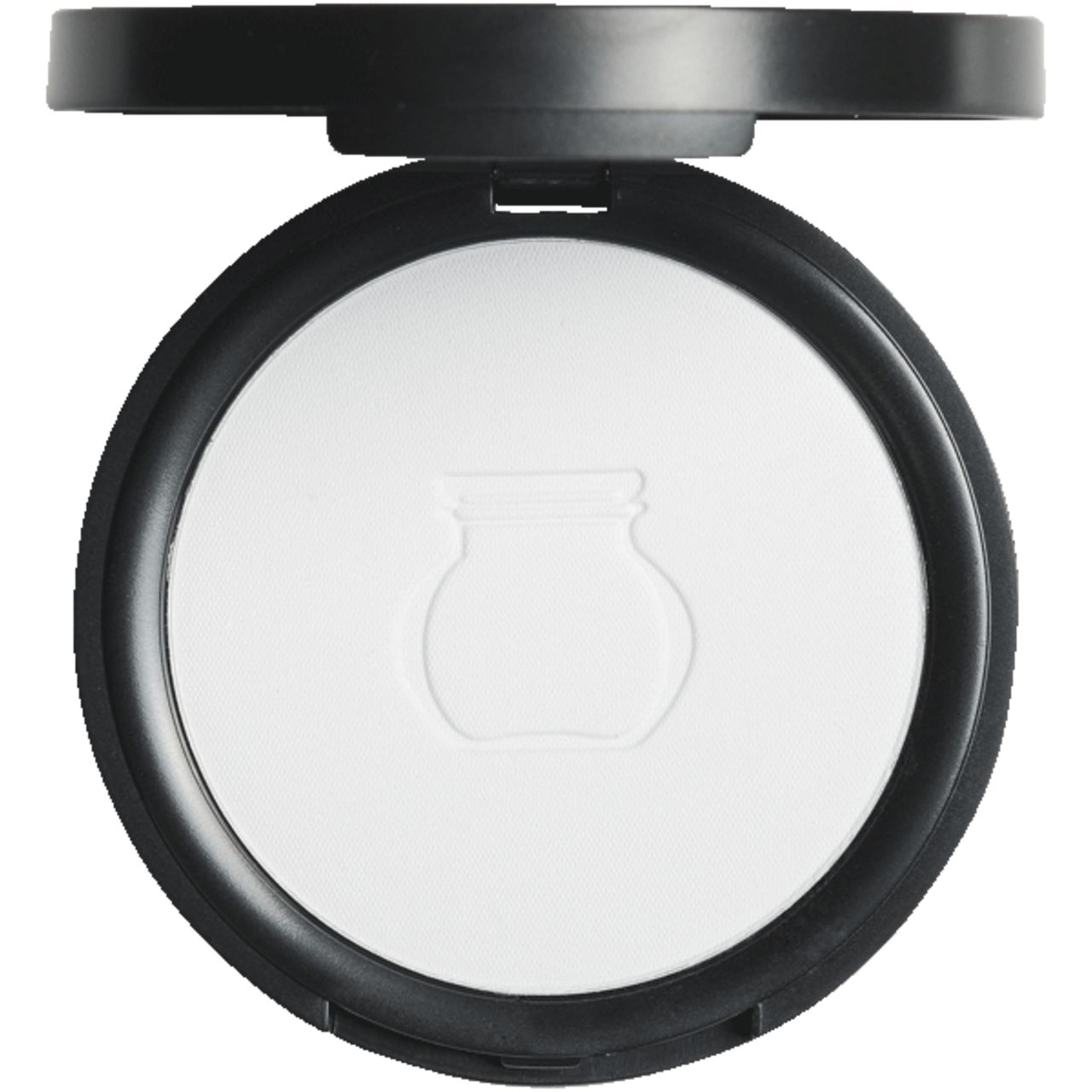 Kompaktpuder mit schwarzem Gehäuse und Deckel. Der weiße Puder hat ein geprägtes Gefäßmuster.