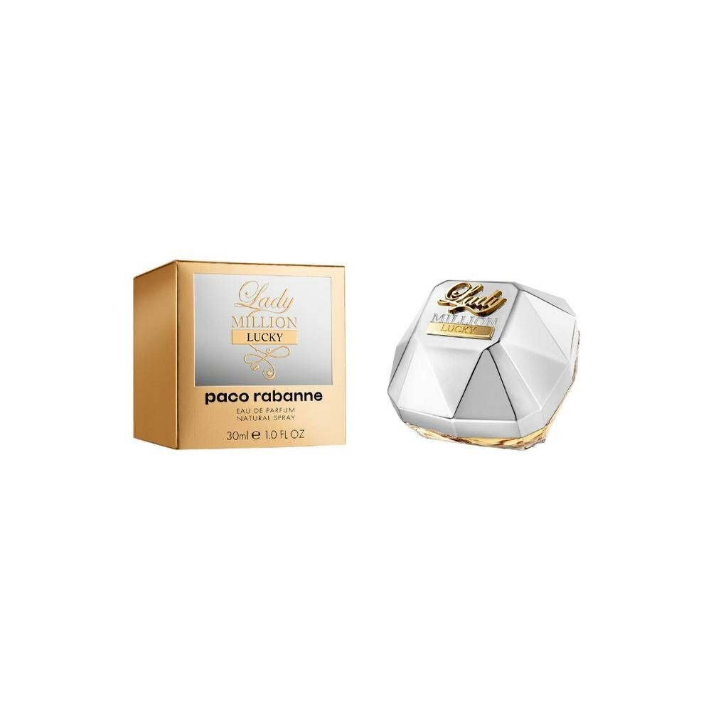 Lady Million Lucky Edp Spray, Flakon und Verpackung. Goldfarbene Verpackung mit Produktnamen. Flakon diamantförmig.