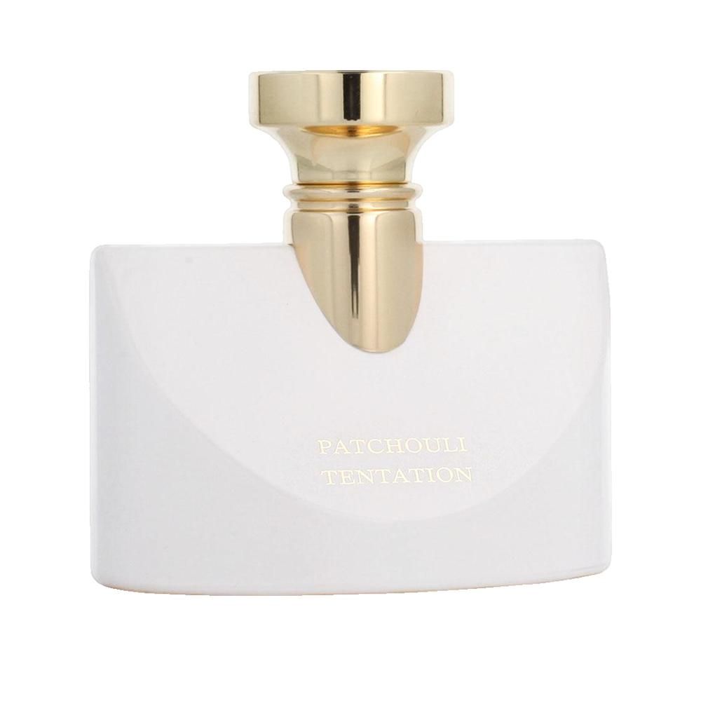 Weißer Flakon mit goldenem Verschluss. Aufschrift "Patchouli Tentation".