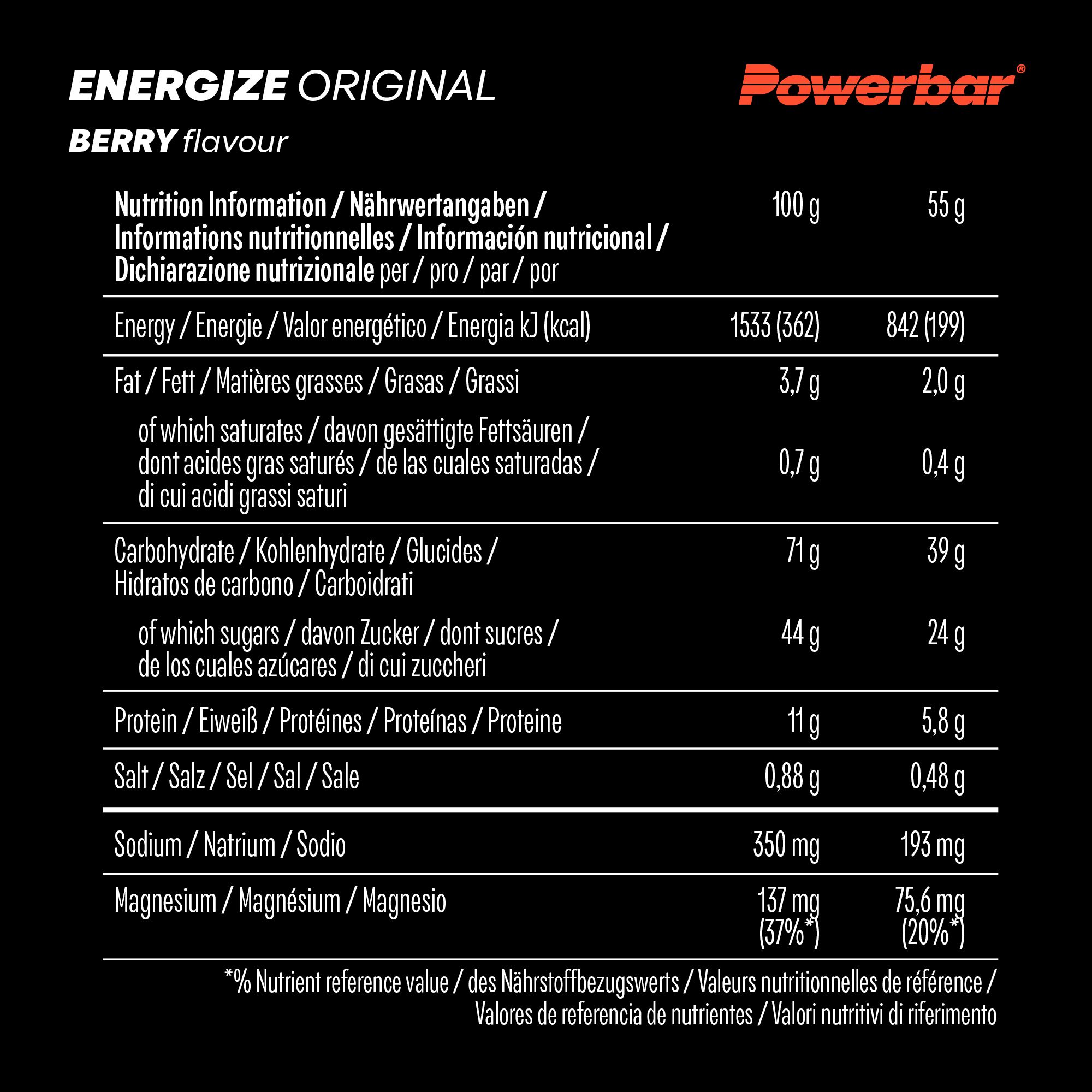 Nährwerttabelle für "Powerbar Energize Original Berry". Enthält Informationen zu Energie, Fett, Kohlenhydraten, Proteinen und Salz.