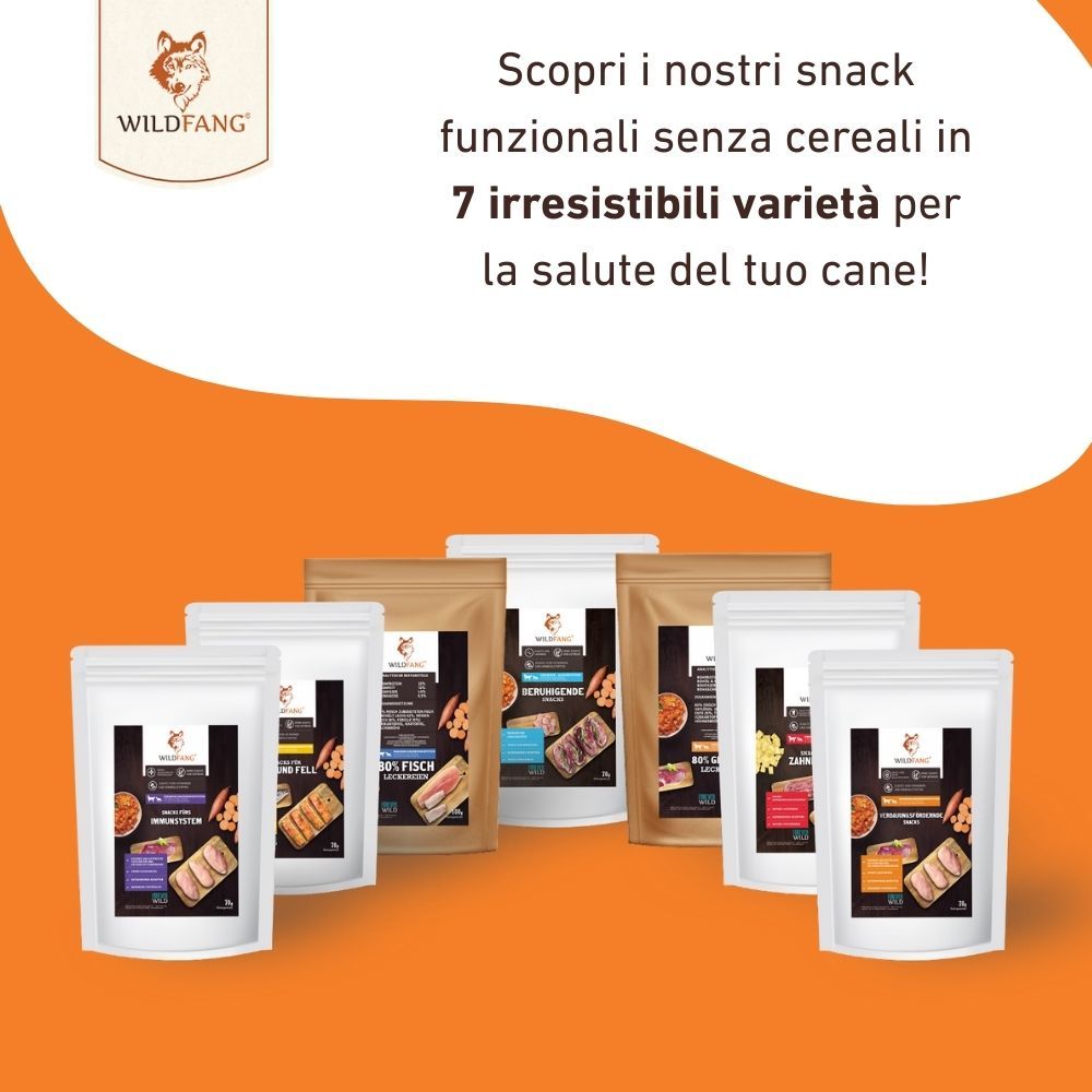 Sieben Beutel Hundesnacks. Aufschrift: 'Entdecken Sie unsere funktionellen Snacks ohne Getreide in 7 unwiderstehlichen Sorten für die Gesundheit Ihres Hundes!'