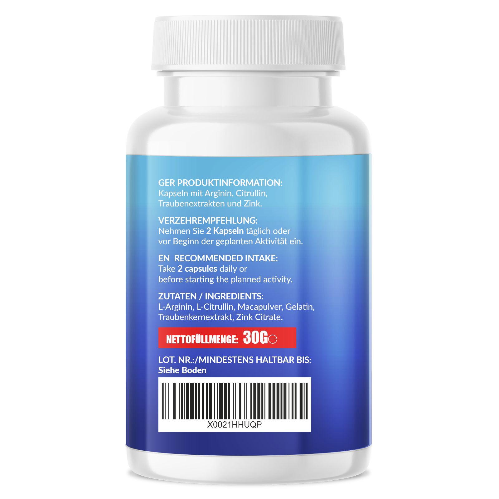 Rückseite der Kapsel-Dose mit Produktinformationen, Verzehrempfehlung und Zutaten. Nettogewicht: 30g. Barcode.