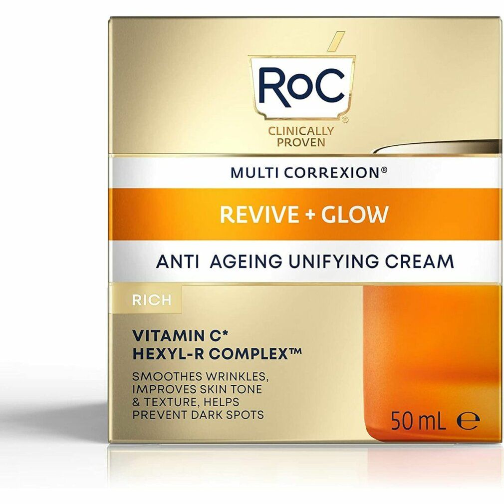 Verpackung. Aufschrift: Roc, Revive + Glow, Anti-Ageing Unifying Cream, 50ml.