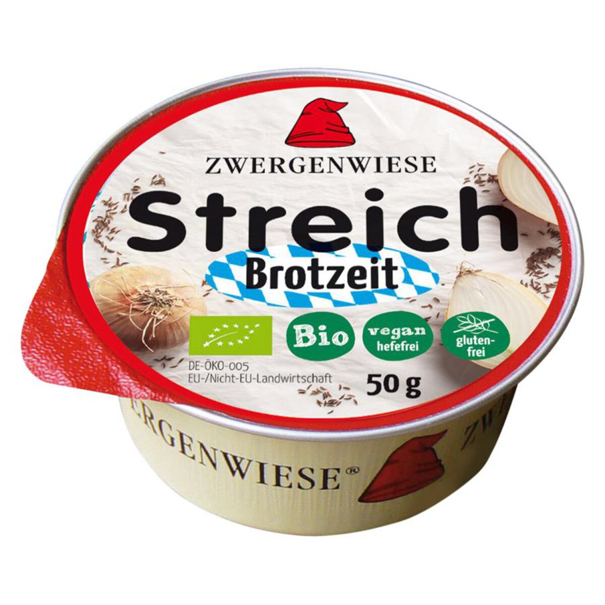 Runde Dose Zwergenwiese Streich Brotzeit. Deckel mit Logo, Schriftzug, Bio-Siegel, vegan, glutenfrei. 50g.