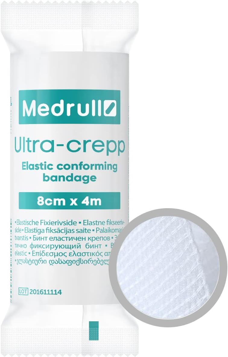 Benda di fissaggio Medrull Ultra-crepp. Bianca, elastica, 8cm x 4m. Dettaglio della trama. Scritte multilingue.
