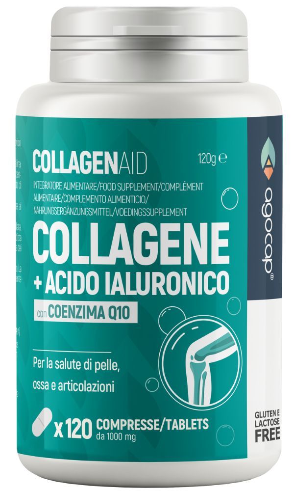 Weißes Pillenbehälter mit Aufschrift COLLAGENAID, Kollagen, Hyaluronsäure, Q10. 120 Tabletten. Gluten- und laktosefrei.
