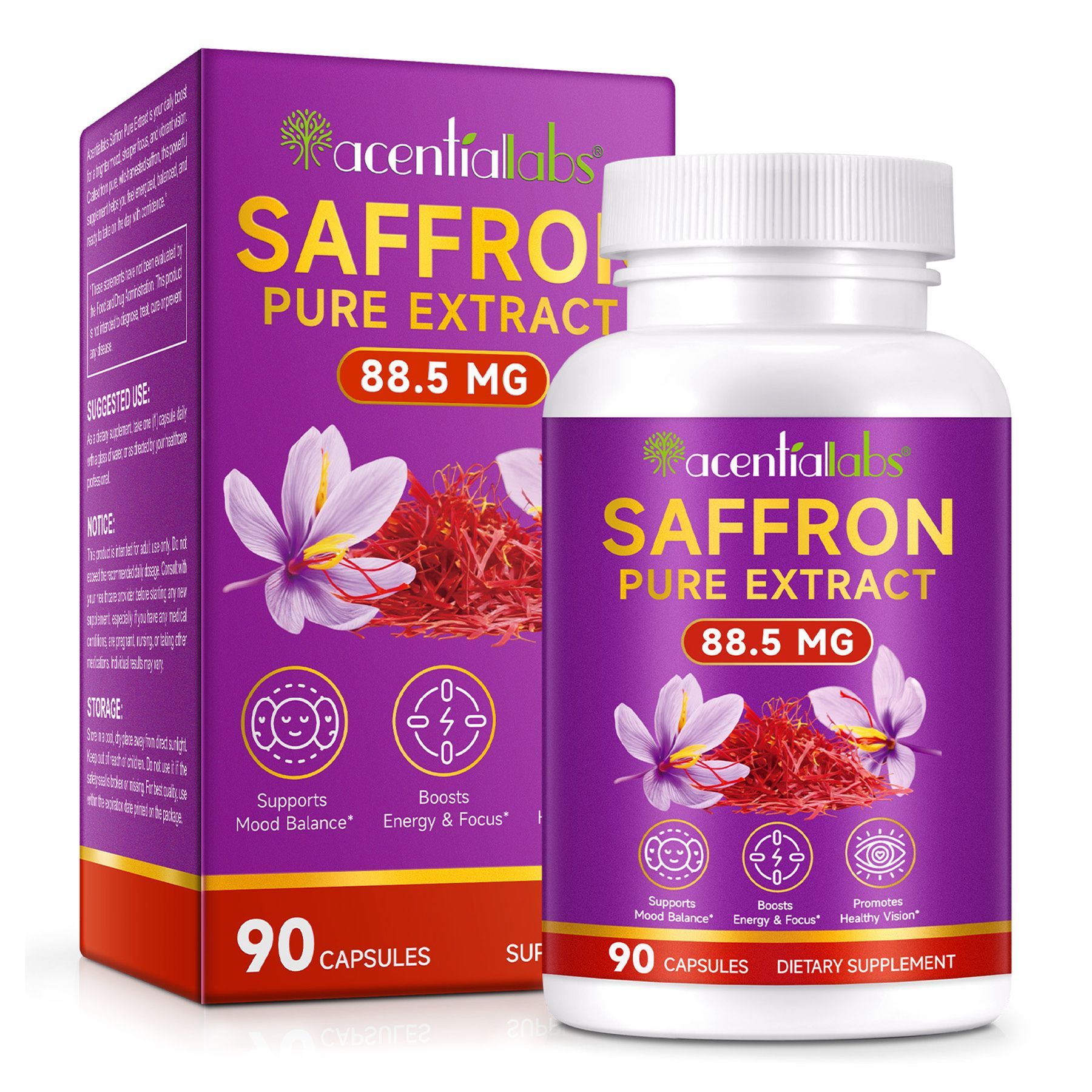 Acentiallabs Safran Saffron Pure Extrakt 88,5 mg mit Vit. B2 Hochdosiert 1x90 St Weichkapseln