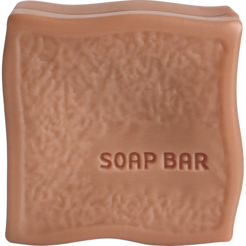 Hellbrauner Seifenblock mit wellenförmigen Kanten. Auf der Oberfläche steht "SOAP BAR".