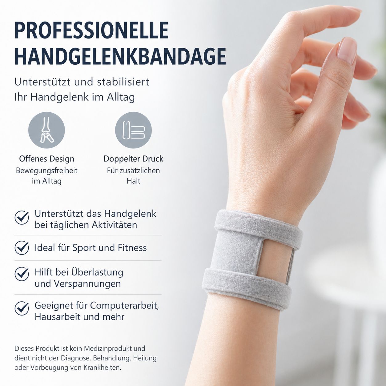 Graue Handgelenkbandage mit offenem Design. Elastisch, mit Klettverschluss. Für Sport und Alltag.