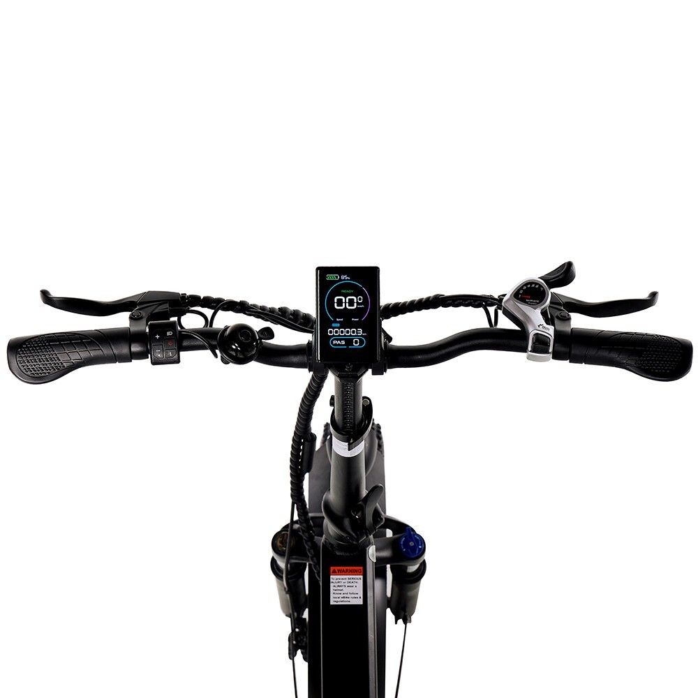 Lenkeransicht des Elektrofahrrads. Digitales Display mit Geschwindigkeit und Akkuanzeige. Bremshebel und Klingel.