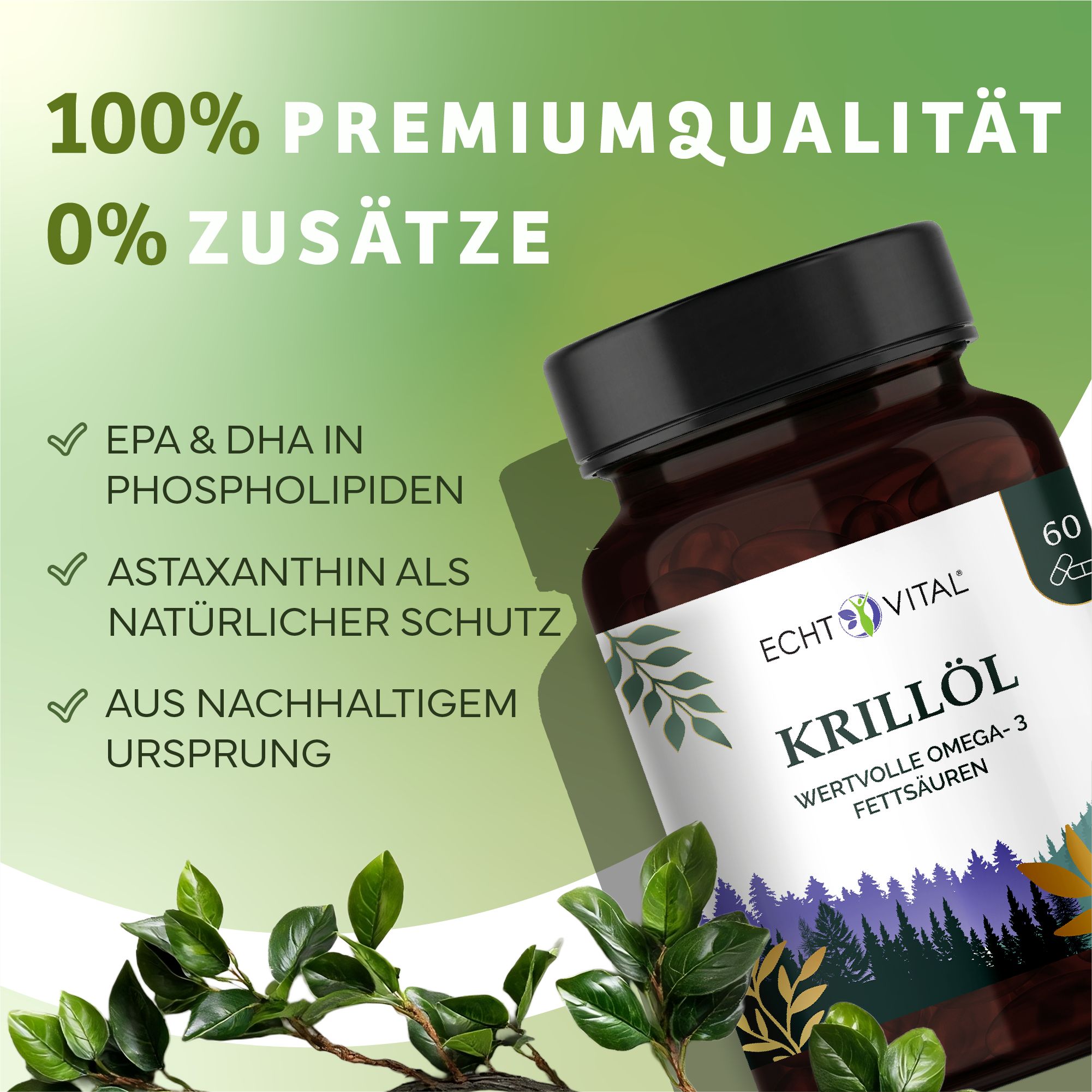 Braune Flasche mit schwarzem Deckel. Aufschrift: Echt Vital Krillöl. Zusatzinformationen: EPA & DHA, Astaxanthin, aus nachhaltigem Ursprung.
