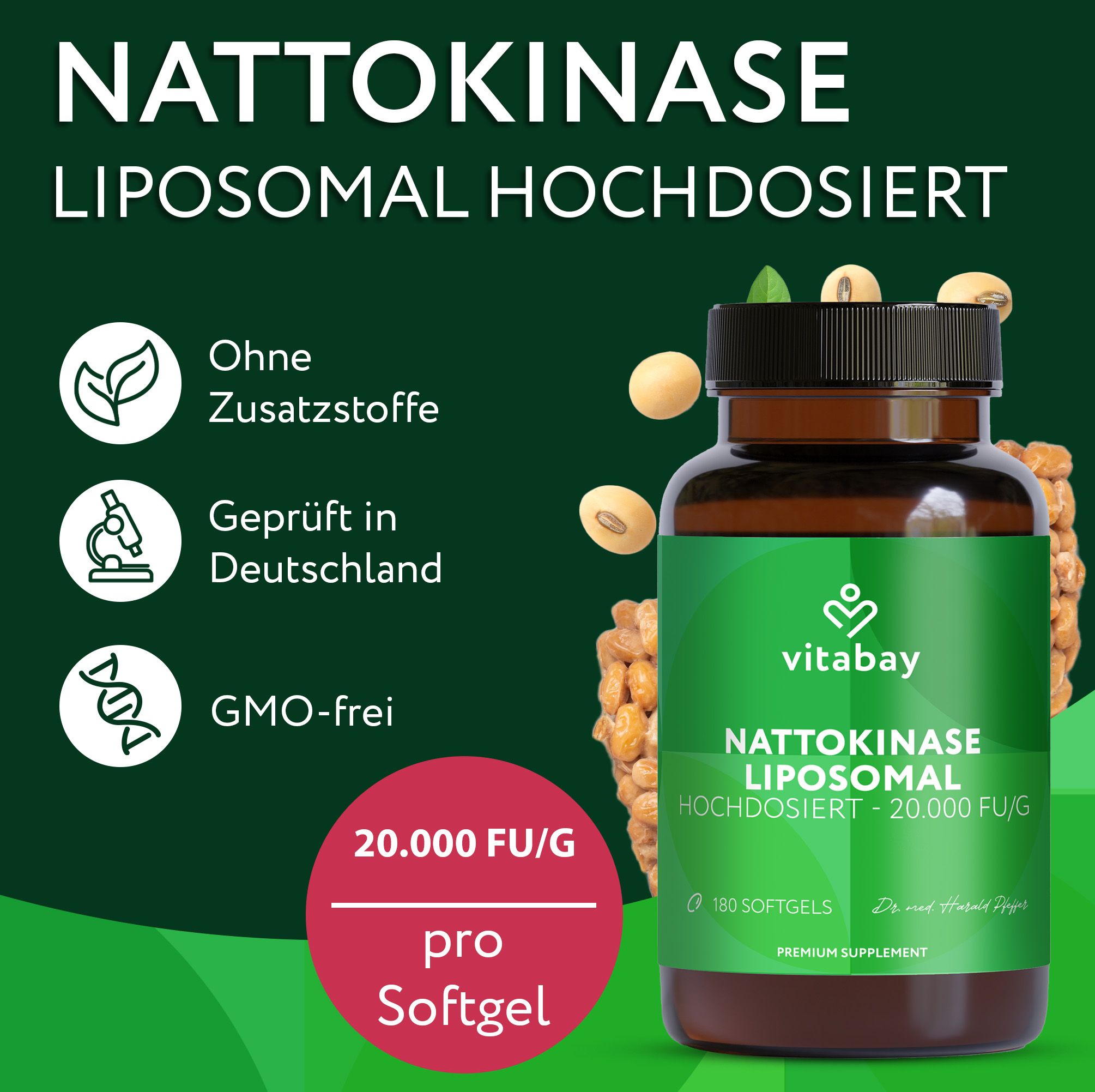 Braune Flasche mit grünem Etikett. Text: Nattokinase Liposomal, 180 Softgels. Vitabay Logo. 20.000 FU/G pro Softgel.