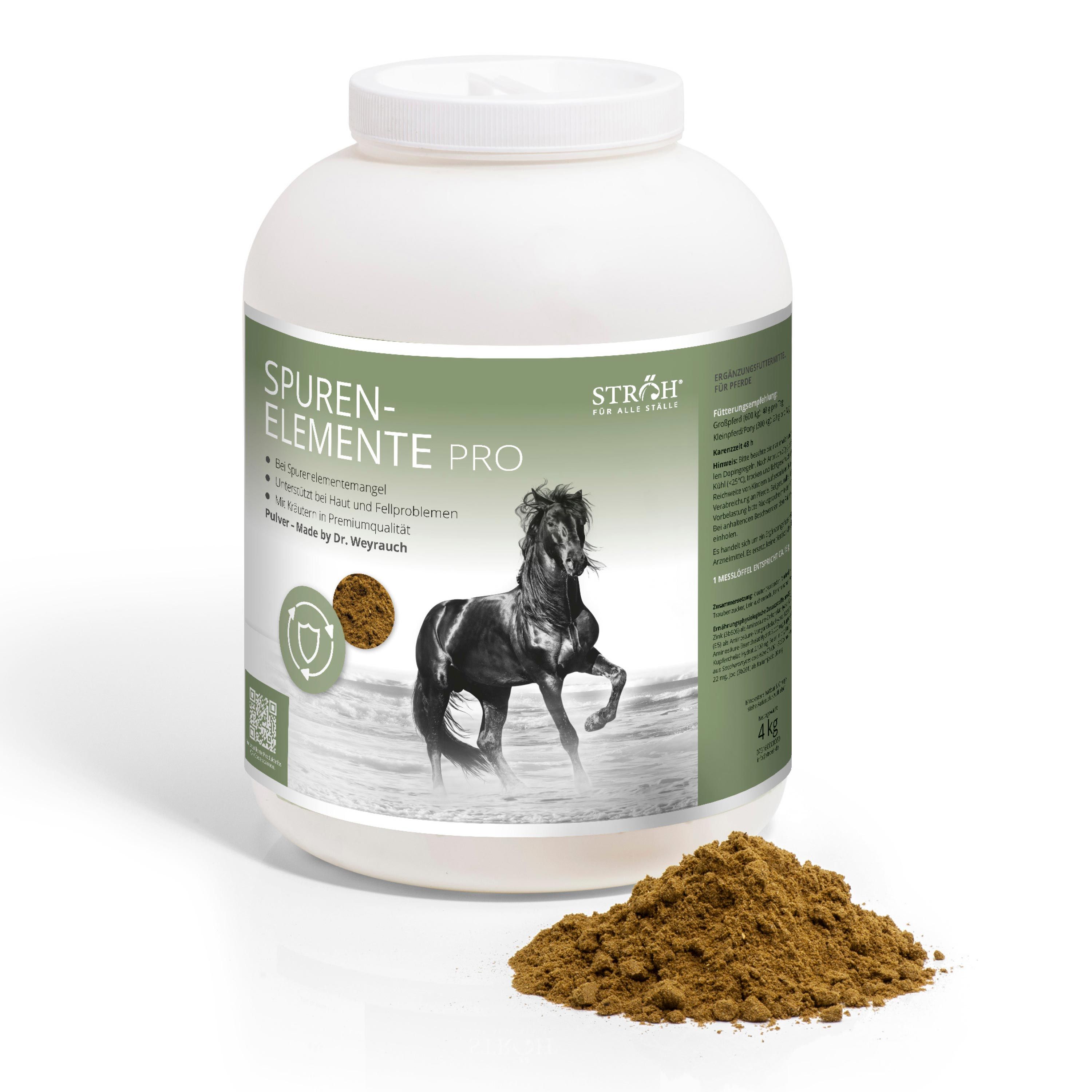 Weißer Behälter mit Produktname und Pferd-Illustration. Text: Spurenelemente Pro. 4 kg. Pulver daneben.
