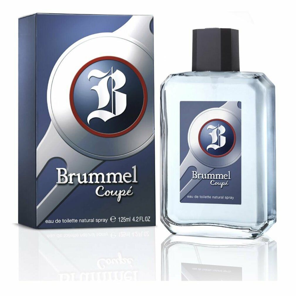 Flakon und Verpackung von Brummel Coupé. Rechteckiger Flakon mit schwarzem Verschluss. Blaue Verpackung mit Logo.