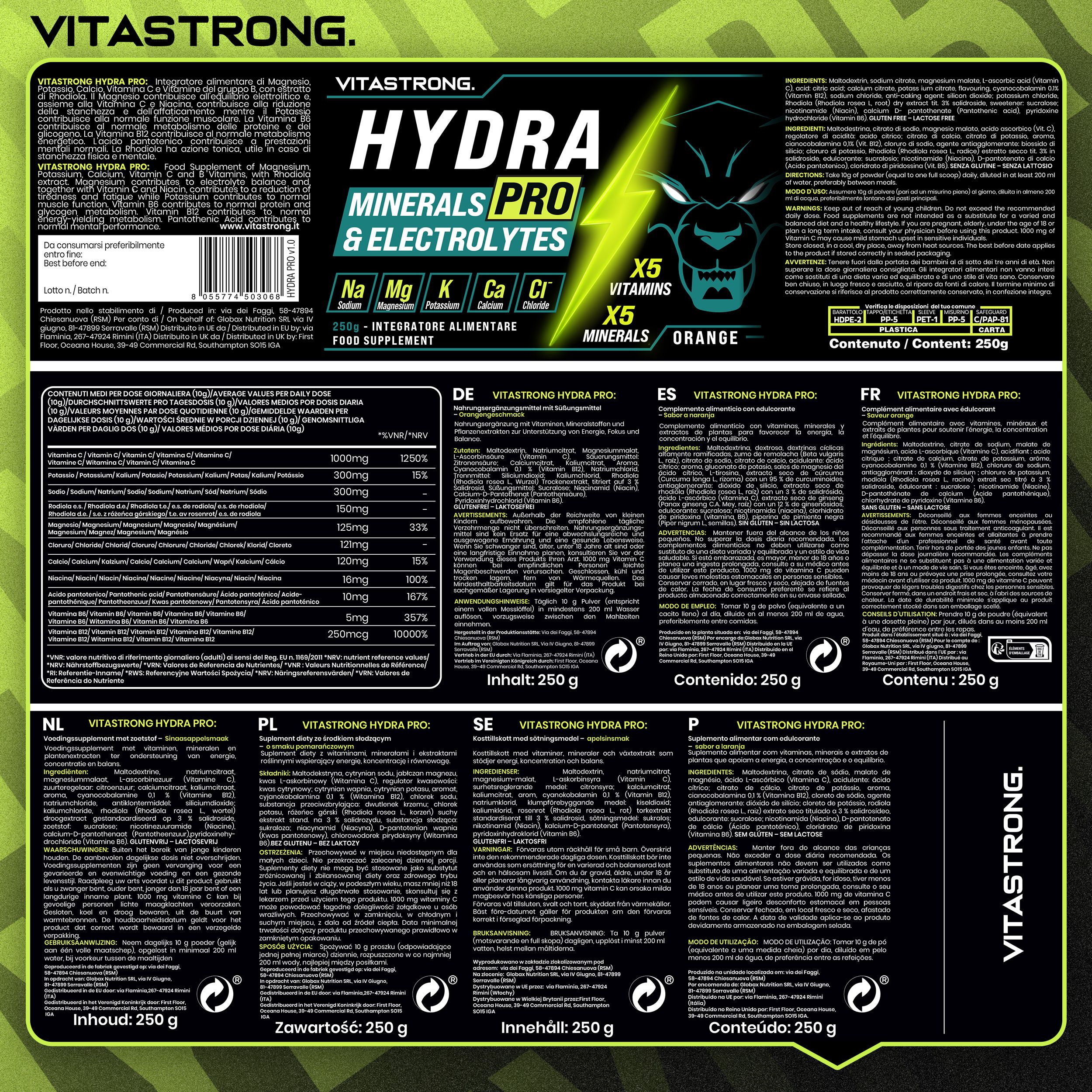 Vitastrong Hydra Pro Verpackung. Text: Mineralien und Elektrolyte. 250g. Nährwertangaben in verschiedenen Sprachen.