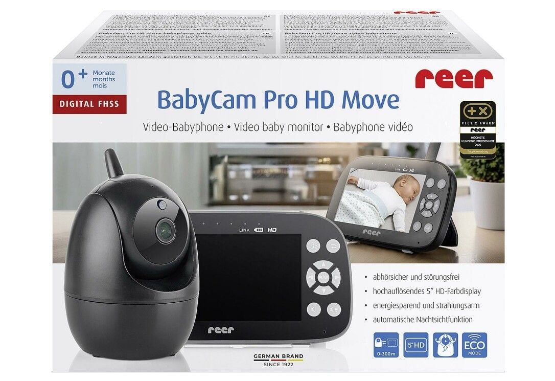 Verpackung der BabyCam Pro HD Move. BabyCam und Monitor abgebildet. Marke reer. Text: Babyphone, Video-Babyphone.