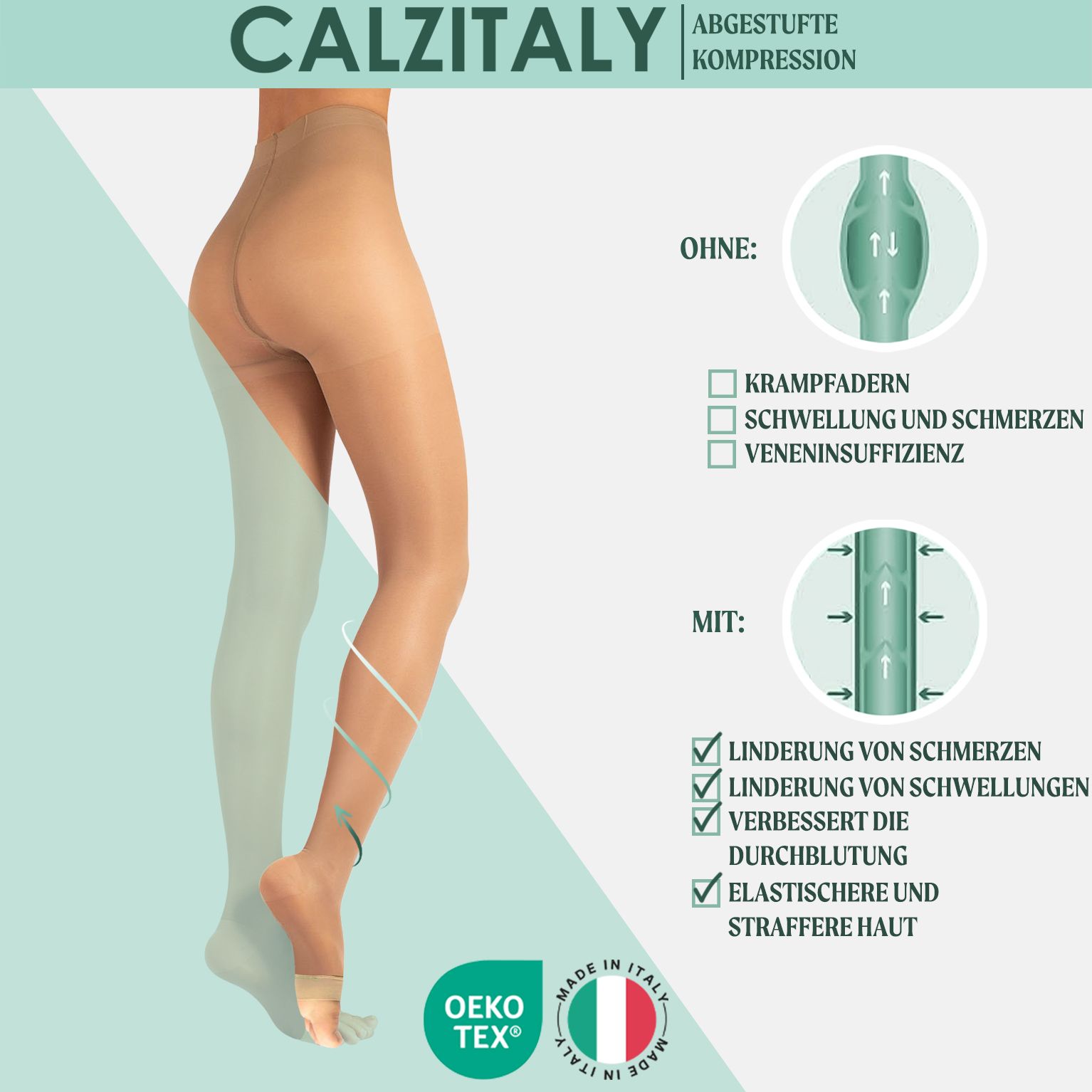 Strumpfhose mit Kompression. Darstellung von Vorteilen. OEKO-TEX-Zertifizierung. Made in Italy. Marke CALZITALY.