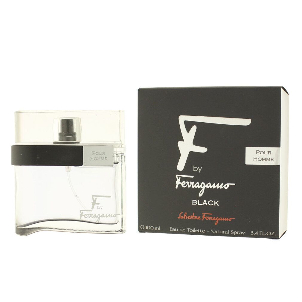Schwarzer Karton und Flakon. "F by Ferragamo Black" und "Pour Homme" Text. Rechteckige Form, transparente Flüssigkeit.