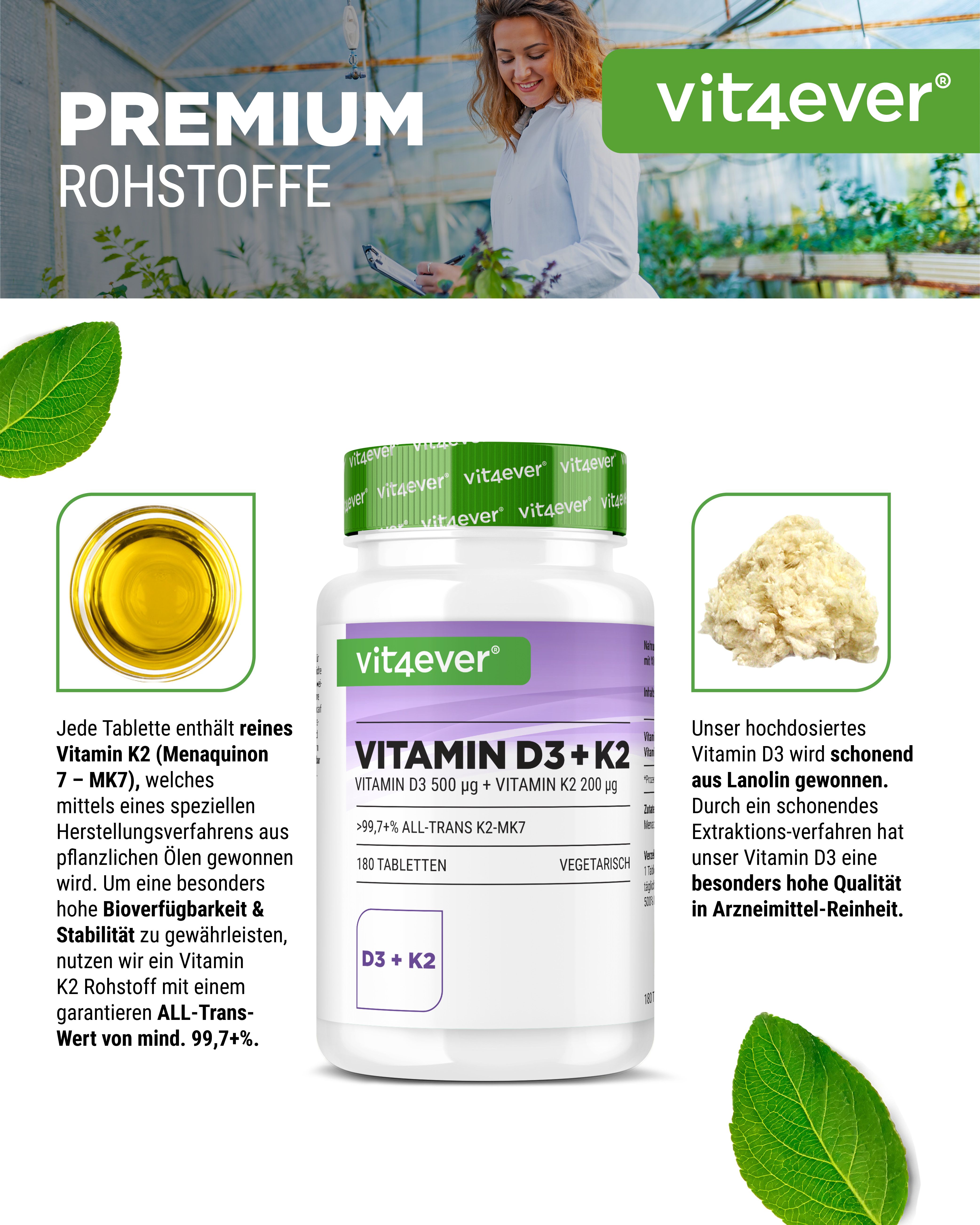 Vit4ever Vitamin D3 + K2 Tabletten. Weiße Tabletten in einer weißen Flasche mit grünem Deckel. Aufschrift: Vitamin D3 + K2.