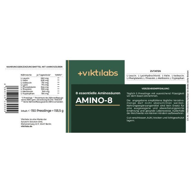 Verpackung mit +viktilabs, Amino-8. Nährwerte, Zutaten, Verzehrempfehlung. 150 Presslinge = 155,5 g. Gut verschlossen, kühl, trocken lagern.