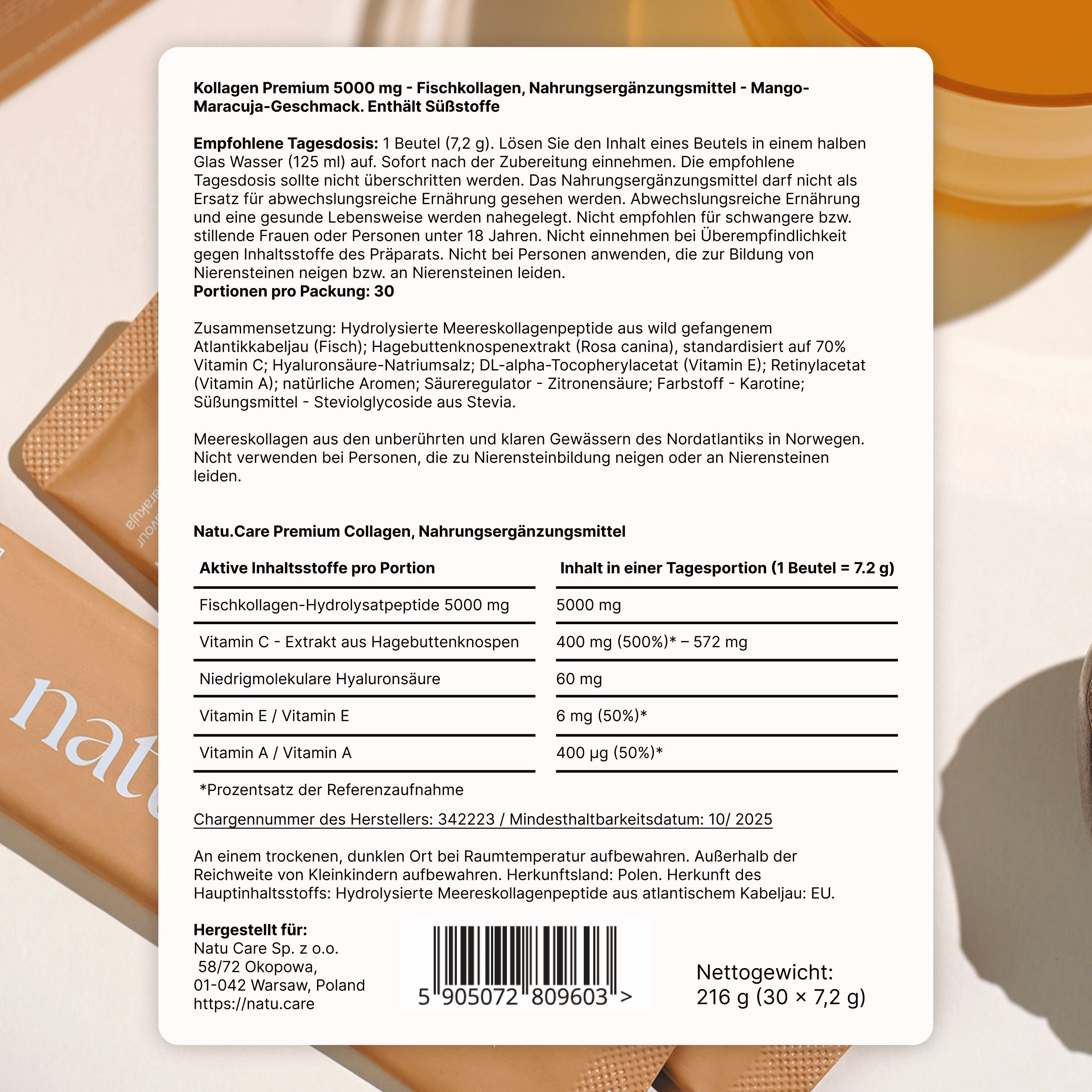 Produktinformationen auf weißem Hintergrund. Enthält Inhaltsstoffe, Dosierung, Nährwertangaben und Hersteller.