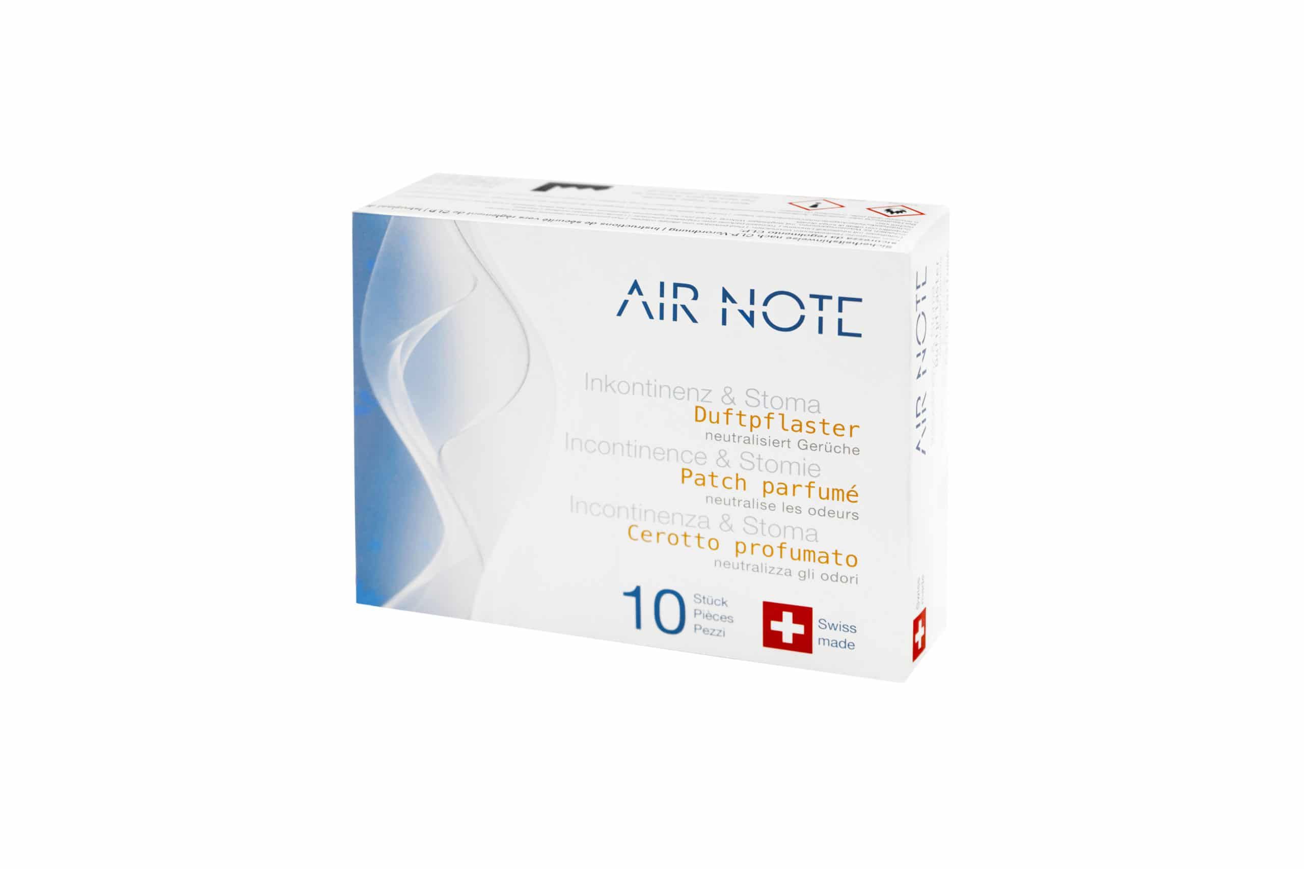 Weiße Verpackung mit Produktnamen AIR NOTE. Text in Deutsch, Französisch, Italienisch. 10 Stück. Schweizer Kreuz.