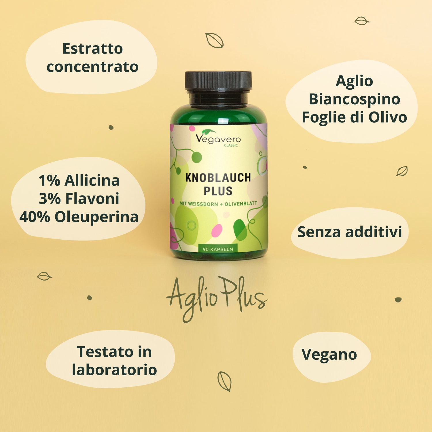 Bottiglia Aglio Plus. Estratto concentrato, 1% allicina, 3% flavoni, 40% oleuperina, senza additivi, testato in laboratorio, vegano.
