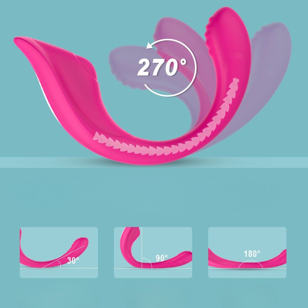 Rosa Vibrator mit flexibler Form. 270° Biegung. Drei Biegewinkel-Beispiele: 30°, 90°, 180°. Hintergrund blau.