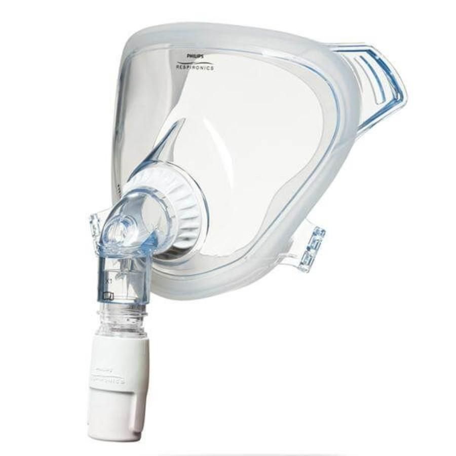 Philips CPAP Maske, FitLife Vollgesichtsmaske mit klarem Rahmen und weißem Anschlussstück.