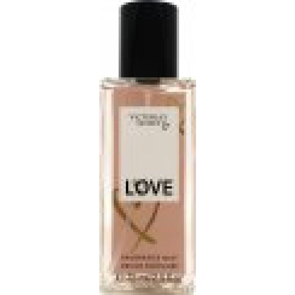 Rechteckige Flasche mit schwarzem Deckel. Aufschrift "Victoria's Secret LOVE". Goldene Herz-Grafik. "Fragrance Mist" und Volumenangabe.