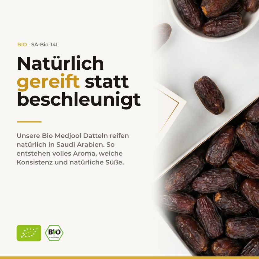BIO Medjool Datteln in einer Schale und einer geöffneten Packung, natürlich gereift in Saudi-Arabien.