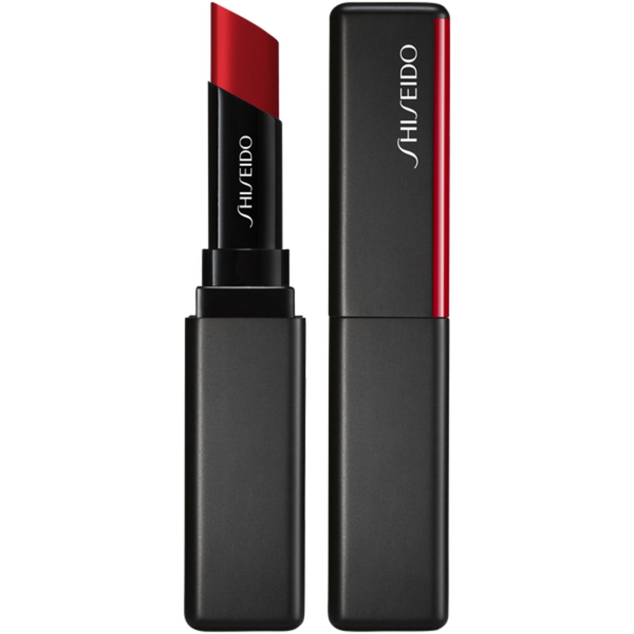 Schwarzer Lippenstift mit roter Spitze, daneben die Hülle. Auf beiden steht "SHISEIDO".