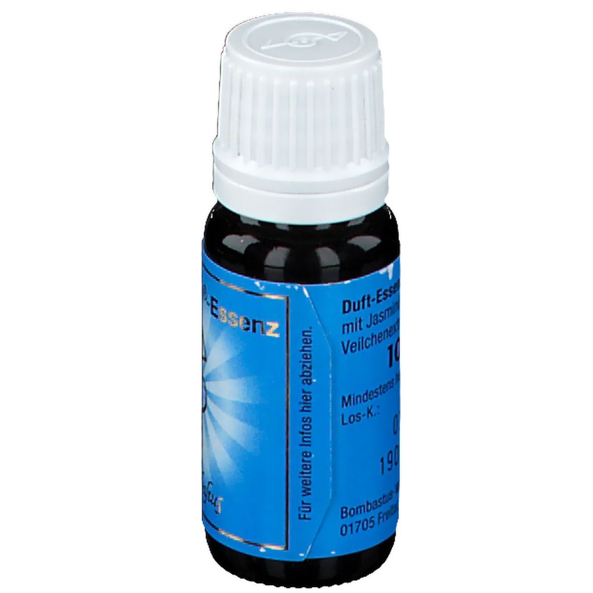 Braune Glasflasche mit weißem Deckel. Blaues Etikett mit Produktnamen und Text. "Duft-Essenz" und "10 ml e" sichtbar.