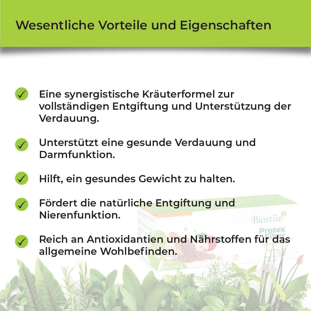 Infografik: Vorteile und Eigenschaften von Biostile Protex Tea. Kräuterformel, Verdauung, Gewicht, Entgiftung, Antioxidantien.