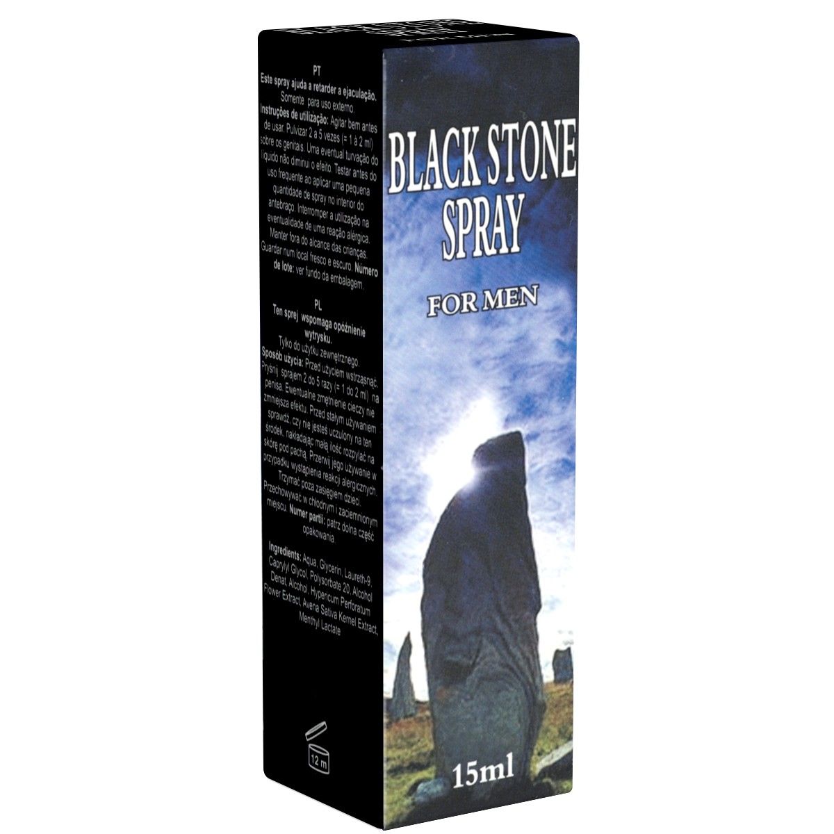 Schachtel mit Text und Abbildung eines Steins. Aufschrift: Black Stone Spray for Men. Inhalt: 15ml. Text in mehreren Sprachen.